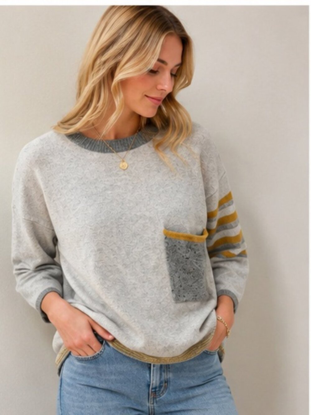 ZAKET & PLOVER Gray Mustard Stripe Pocket Sweater, Size S
